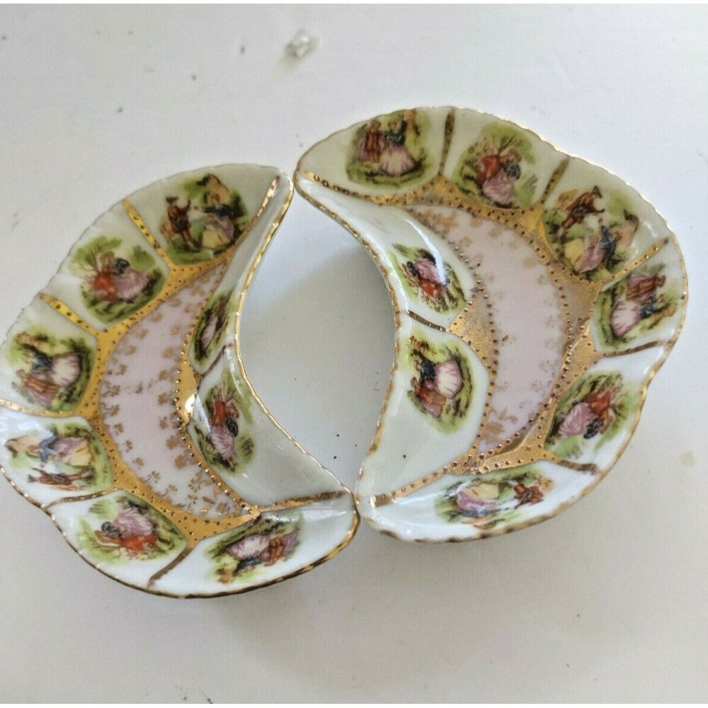 Vintage Crescent Shaped Pair of Victorian Style Side Dishes(Courting Couple)